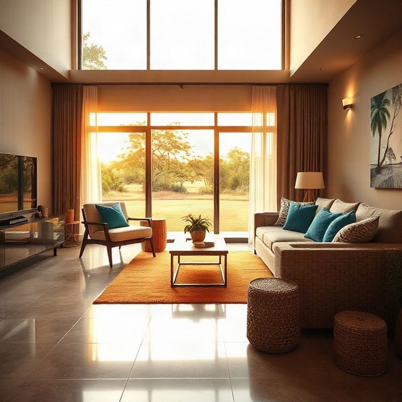Interior of a modern Kenyan family home living room with polished tiles and natural light