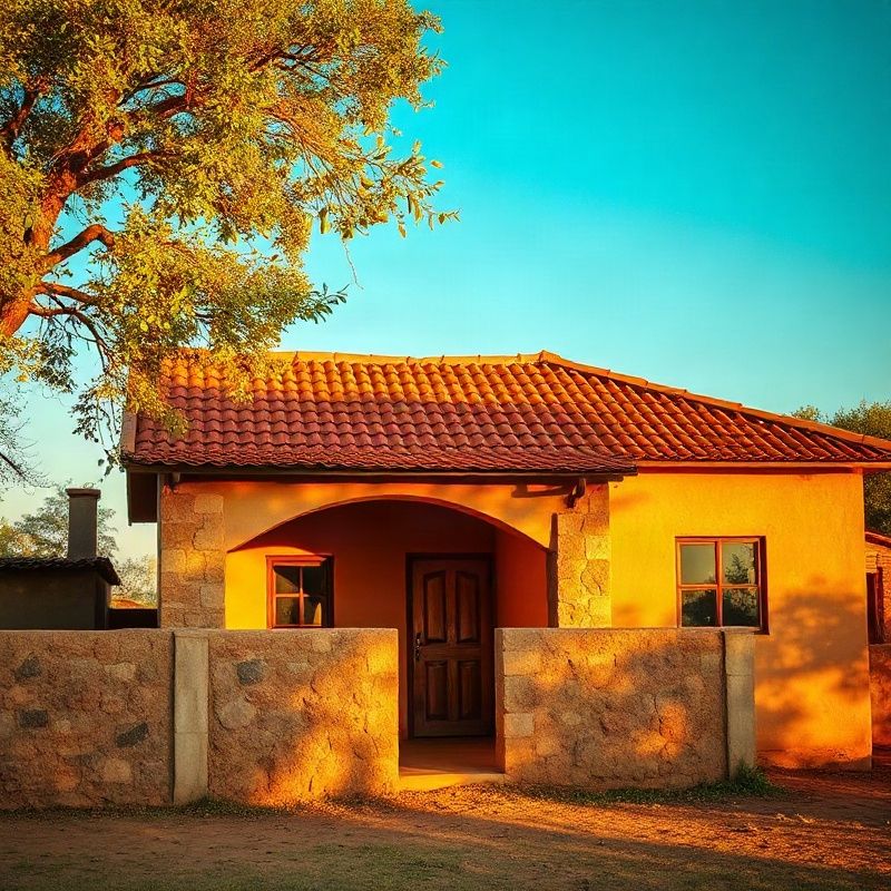 Stone-built Kenyan family home with red-tiled roof under golden afternoon light