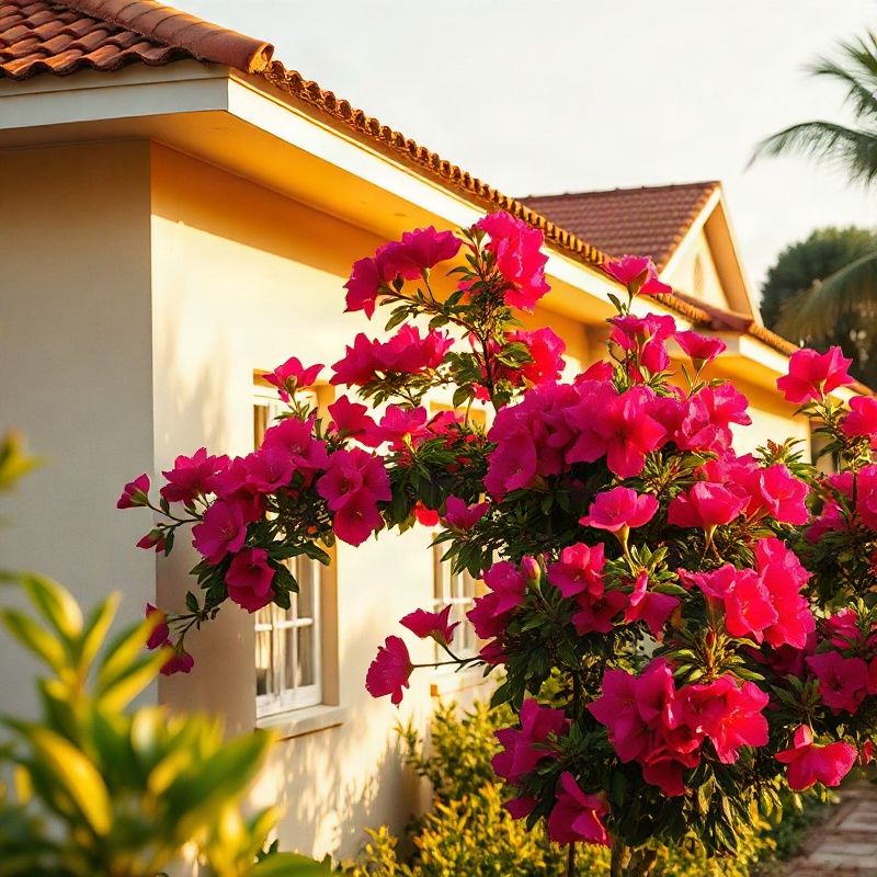 Freshly refurbished Kenyan bungalow with cream walls and bougainvillea