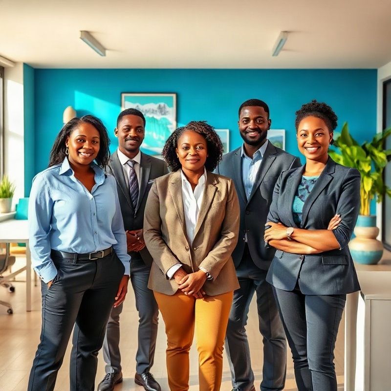 Small professional team of Kenyan real estate consultants in a bright modern office