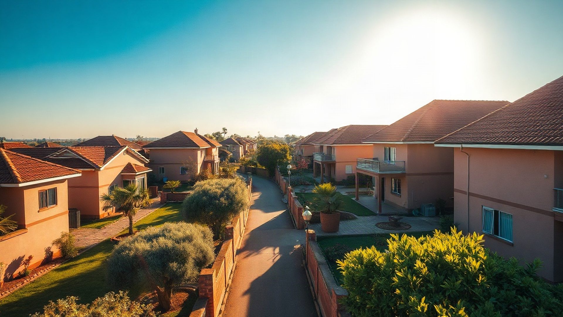 Aerial view of a residential street in Kitale under bright equatorial light